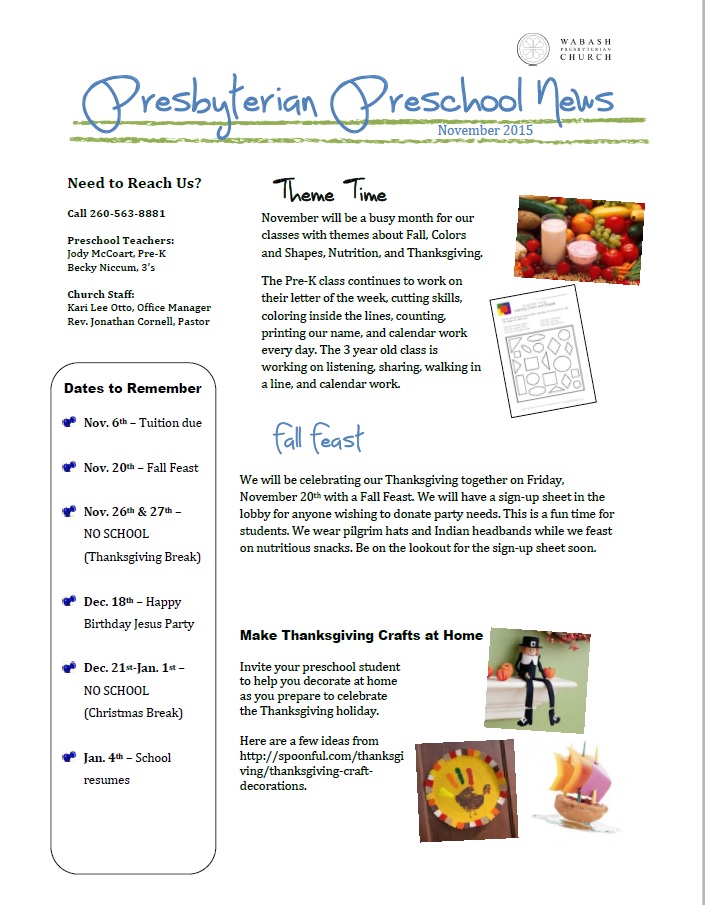Preschool Newsletter | November 2015 « Wabash Presbyterian Church